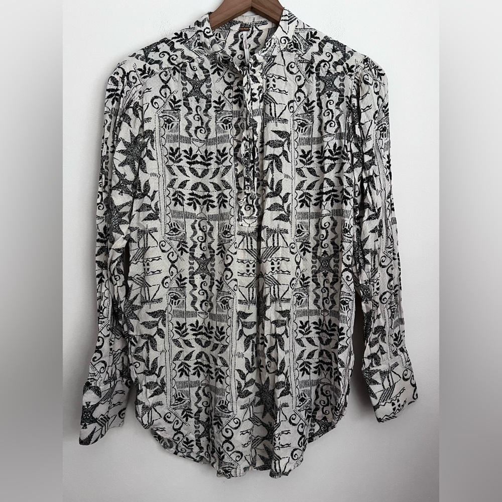 Free People Mia Floral Print Tie Neck Tunic Blouse relaxed S